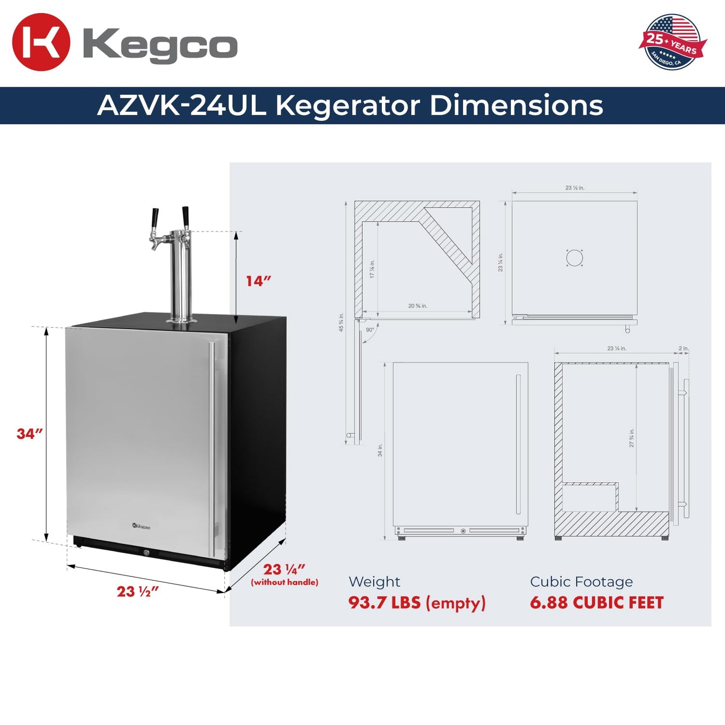 Kegco 24" Wide Dual Tap Stainless Steel Built-In Left Hinge Kegerator with Dispense Kit