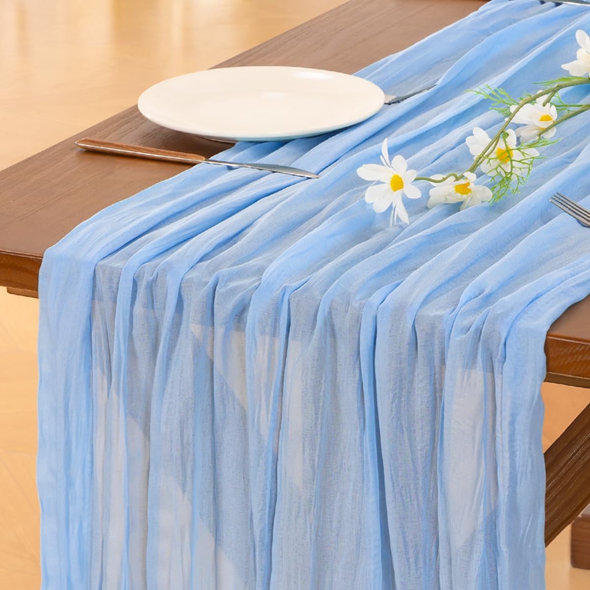 Socomi Cheesecloth Table Runner - 120 Inch Blue Boho Rustic Design for Weddings & Parties