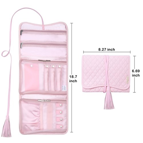 MOSISO Travel Jewelry Organizer Roll Case, Foldable Portable Jewelry Organizer Bag with Tassel for Necklace, Earrings, Rings, Bracelets and Daily Jewelries Carrying, Pink