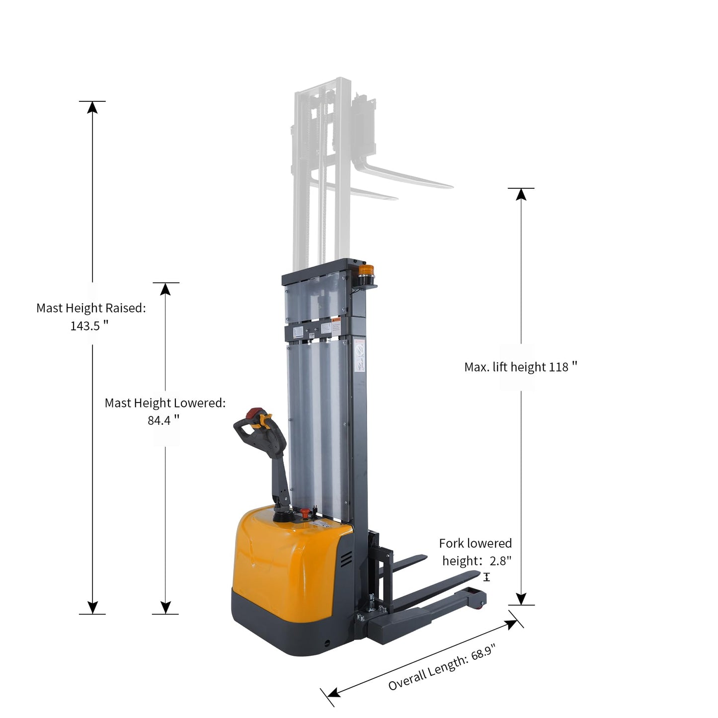 APOLLOLIFT Full Electric Stacker, 3300 lbs Capacity 118" Lift Height Powered Walkie Forklift Stackers with Straddle Legs, Power Drive and Lift Material Lift with Adjustable Forks