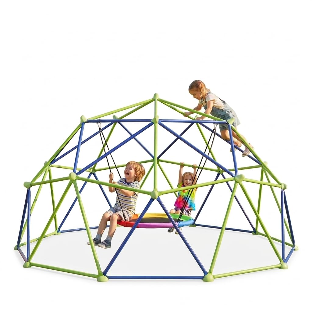 TABU 10FT Climbing Dome with Saucer Swing, Outdoor Dome Climber Supports 1000LBS, Rust-Resistant Jungle Gym Playground for Backyard & Patio, Easy Asssembly, for Ages 3-10