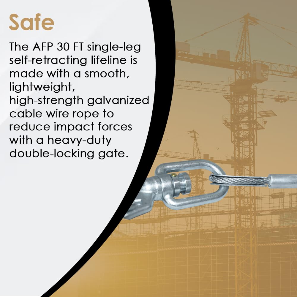 AFP Demon 30 FT Single Leg Self-Retracting Lifeline Cable Retractable | Steel Locking Snap Hook | Safety Yoyo | Fall Protection Arrest Limiter | Construction Industrial | OSHA & ANSI Rated SRL