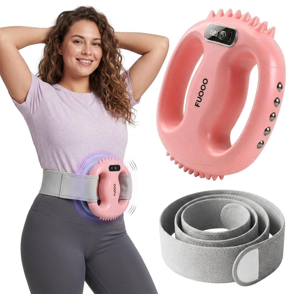 FUOOO 4-Head Fascia Ring Massager, Multifunctional Full-Body Deep Tissue Massage Gun, Hands-Free Ergonomic Electric Massager with Waist Belt, 3 Modes 9 Intensities Cordless Muscle Relief