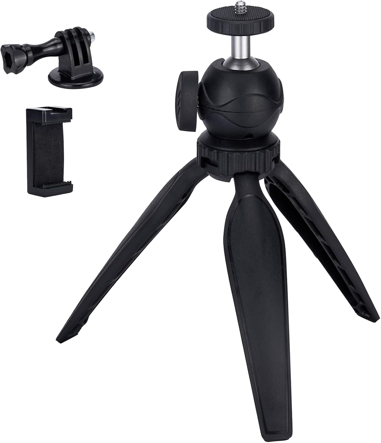 Ytvariw 360 Mini Camera Tripod with Phone Holder & GoPro Mount, Ball Head, Black, Compatible with DSLR, GoPro