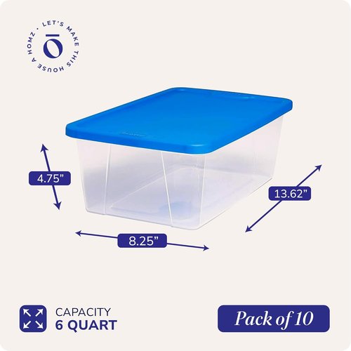 HOMZ 10-Pack Snaplock Storage Bins - Clear Plastic Organizer Boxes with Lids, 6 Quart, Blue | Stackable for Home & Office