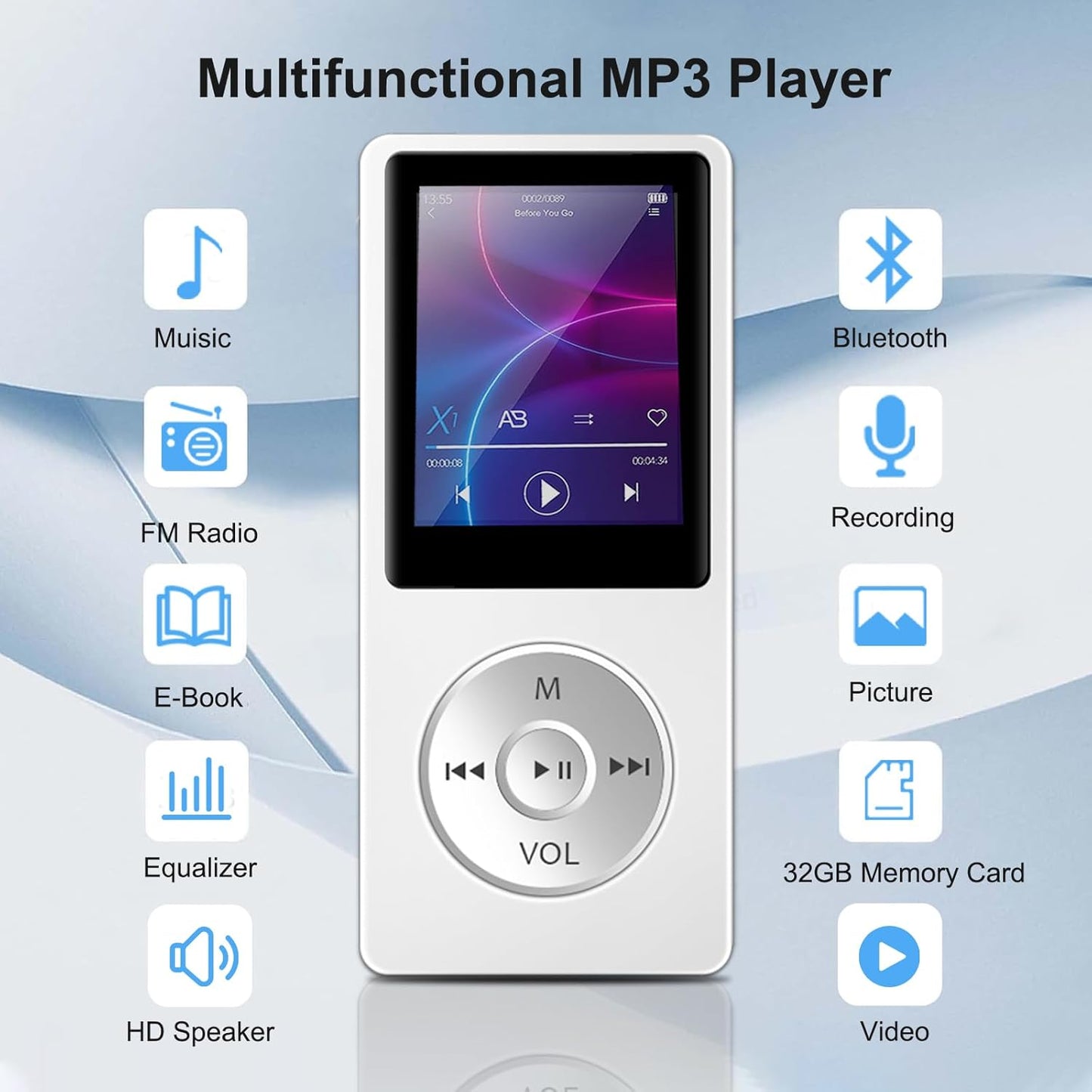 Wodgreat MP3 5.0, 1.8 inch 128GB(White, 32GB) Player with Bluetooth Screen Portable Music Player with HD Speaker, HiFi