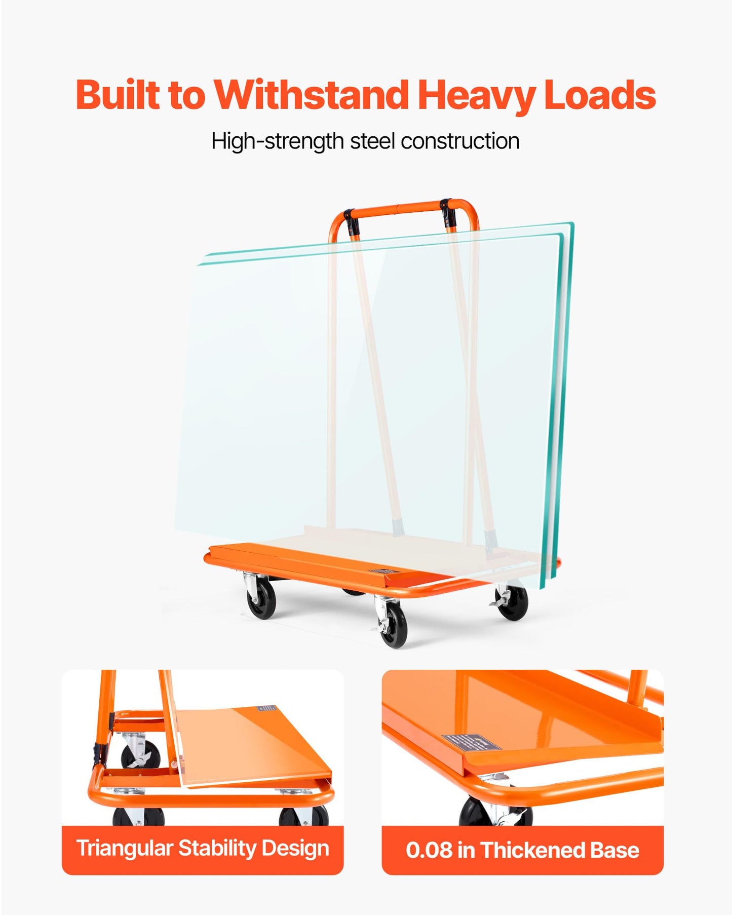 VEVOR Drywall Cart Dolly, Steel Panel Dolly with 4 Swivel Casters, Durable & Long-Lasting, Panel Truck Cart with Tie-Down Strap for Plywood, Plasterboard, Glass, Orange