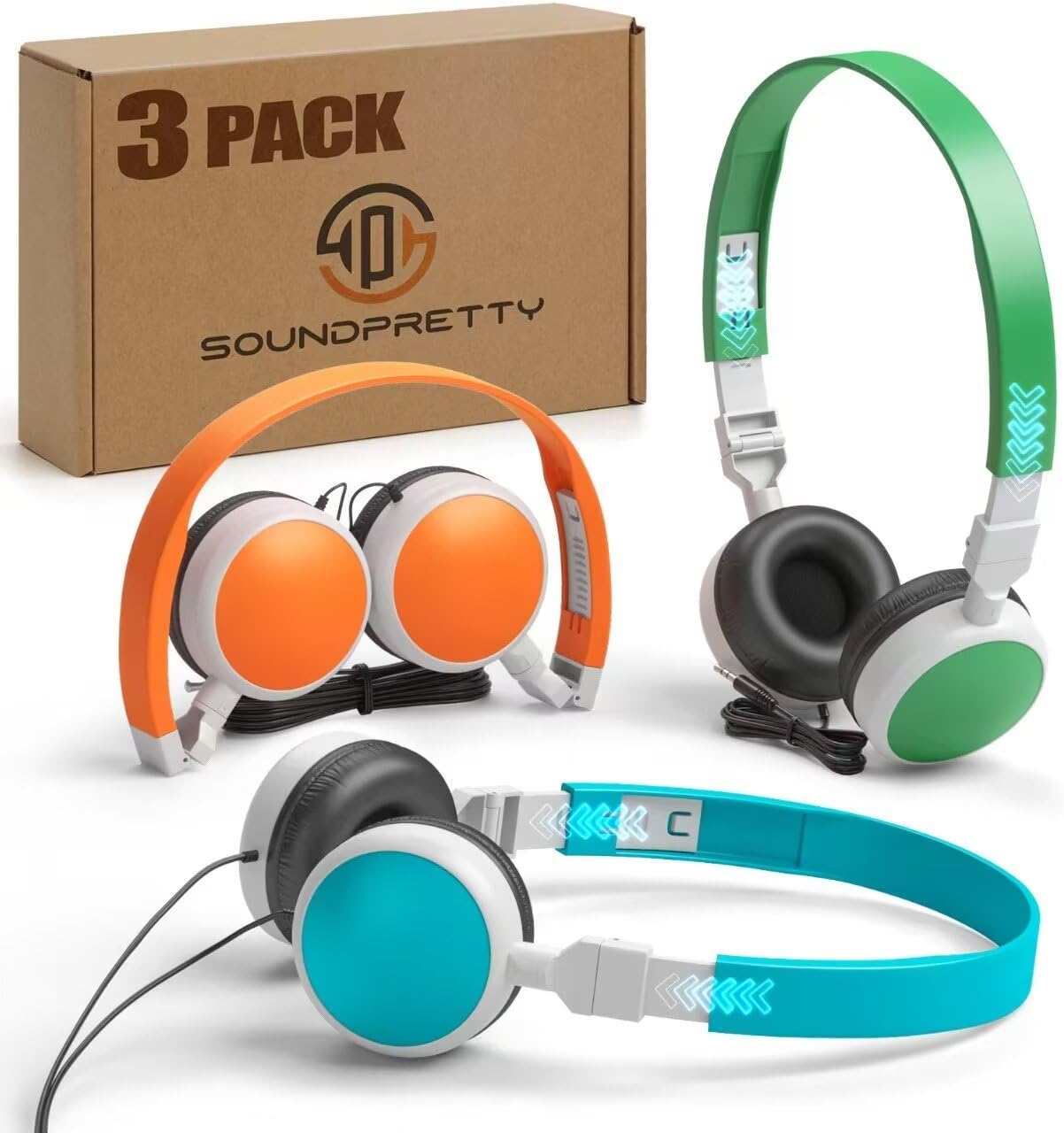 3-Pack 3.5mm Headsets Individually Wired Classroom Headphones - No Mic Kids Headphones with Jack, Multi-Color Bulk