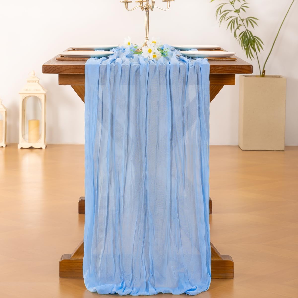 Socomi Cheesecloth Table Runner - 120 Inch Blue Boho Rustic Design for Weddings & Parties