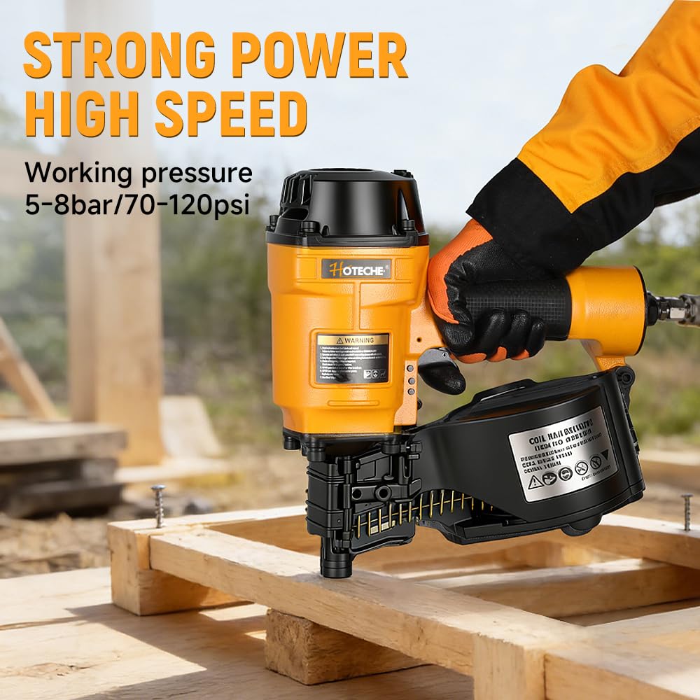 Hoteche Pneumatic Coil Nail Gun, 50-70mm Nail Length, 300pcs Capacity, 5-8bar Pressure, with European/American/Japanese Inserts, Color Box