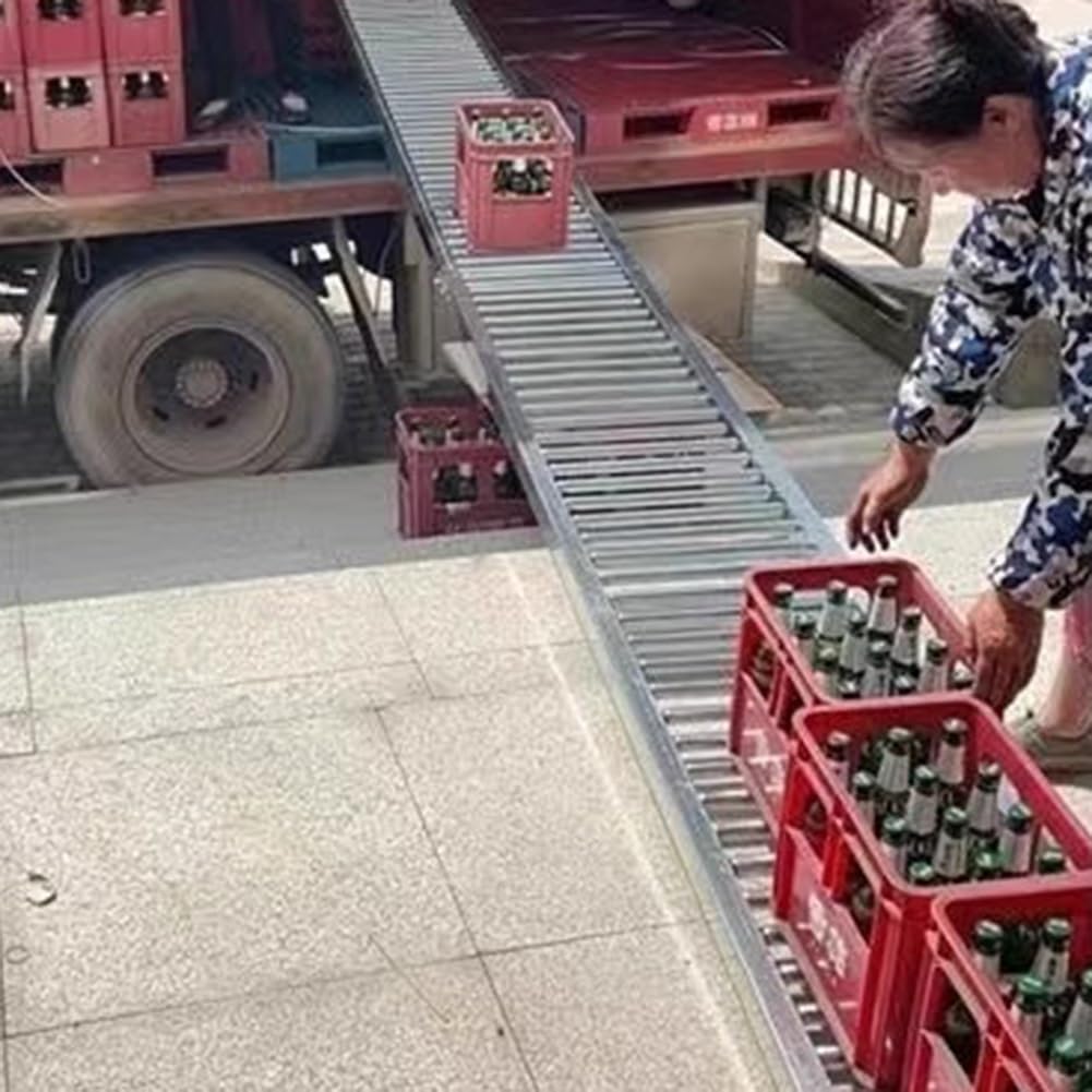 Light-Duty Gravity Roller Conveyor, 2.5cm Galvanized Steel Rollers, Unpowered Slide System for Warehouse Delivery, Efficient Unloading Line, Durable Silver Frame