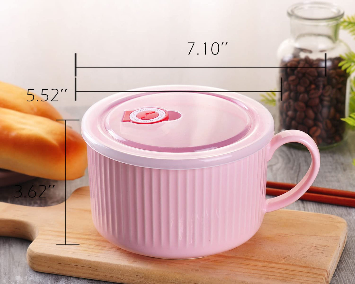 WHJY 30oz Ceramic Bowl with Lid and Handle for Soup and Instant Noodles Mug, Modern Simple Style, with Heat Preservation Handle - Pink