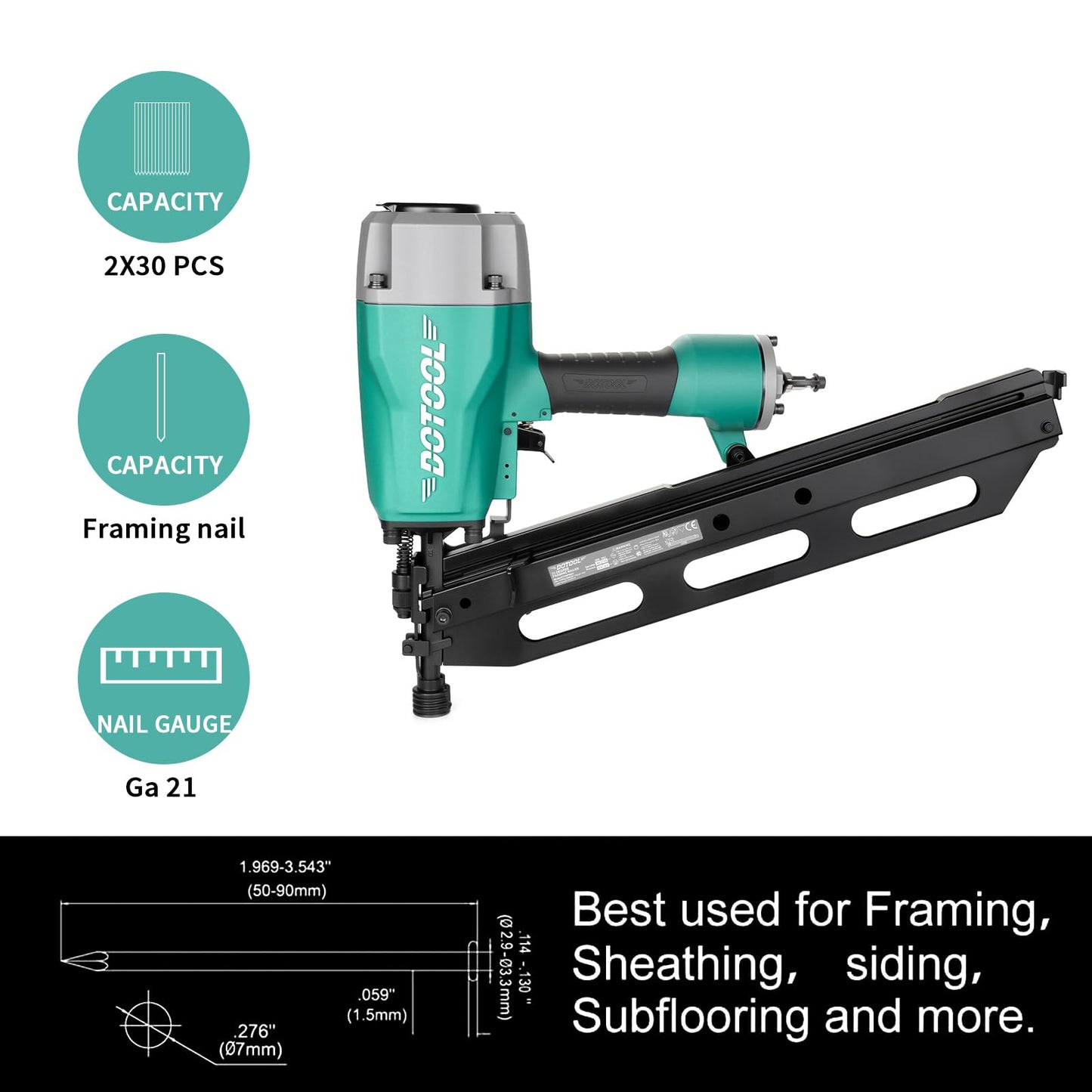 DOTOOL Framing Nailer, Framing Tool for 21 Degree 2-Inch to 3-1/2-Inch Plastic Collated Nails,Professional Pneumatic Nailer for Flooring, Roof Decking
