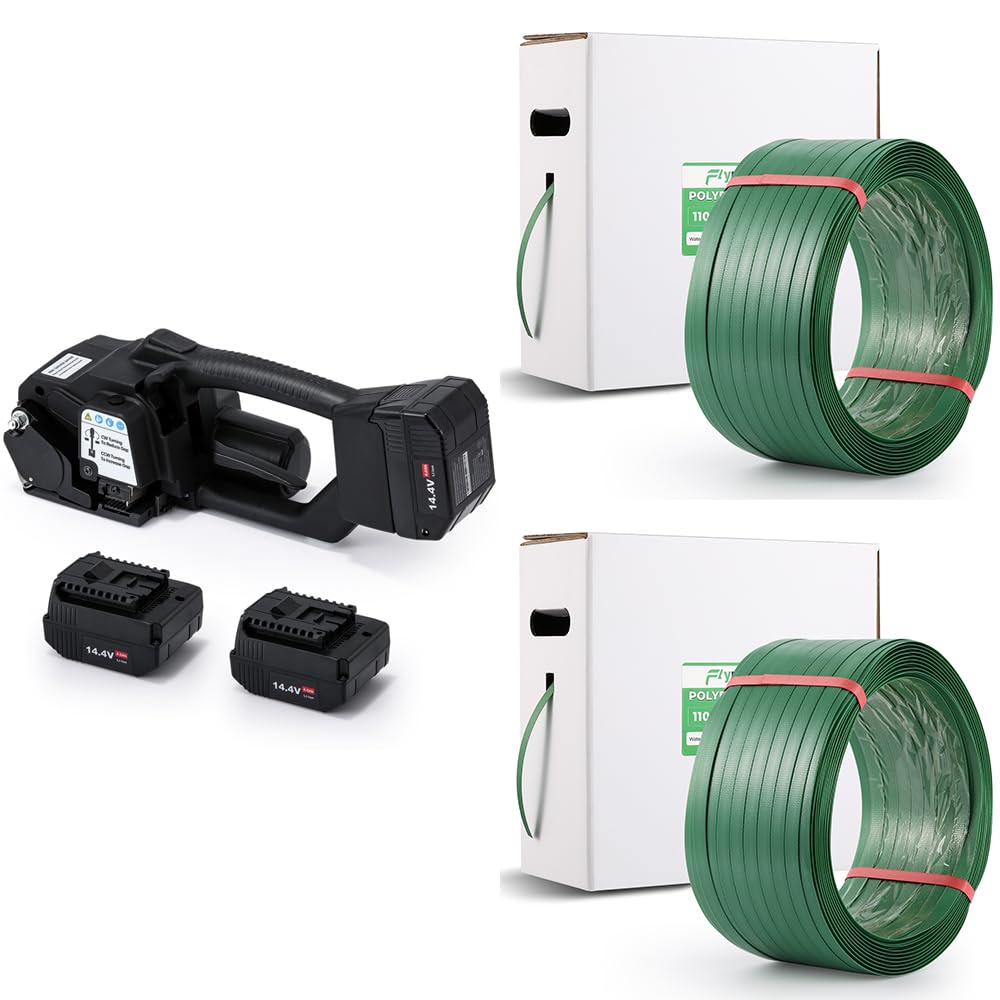 Flyrivergo 4000mah Electric Strapping Machine + Two 1046' Polyester(PET) Heavy Duty Strapping Roll (Adaptive)