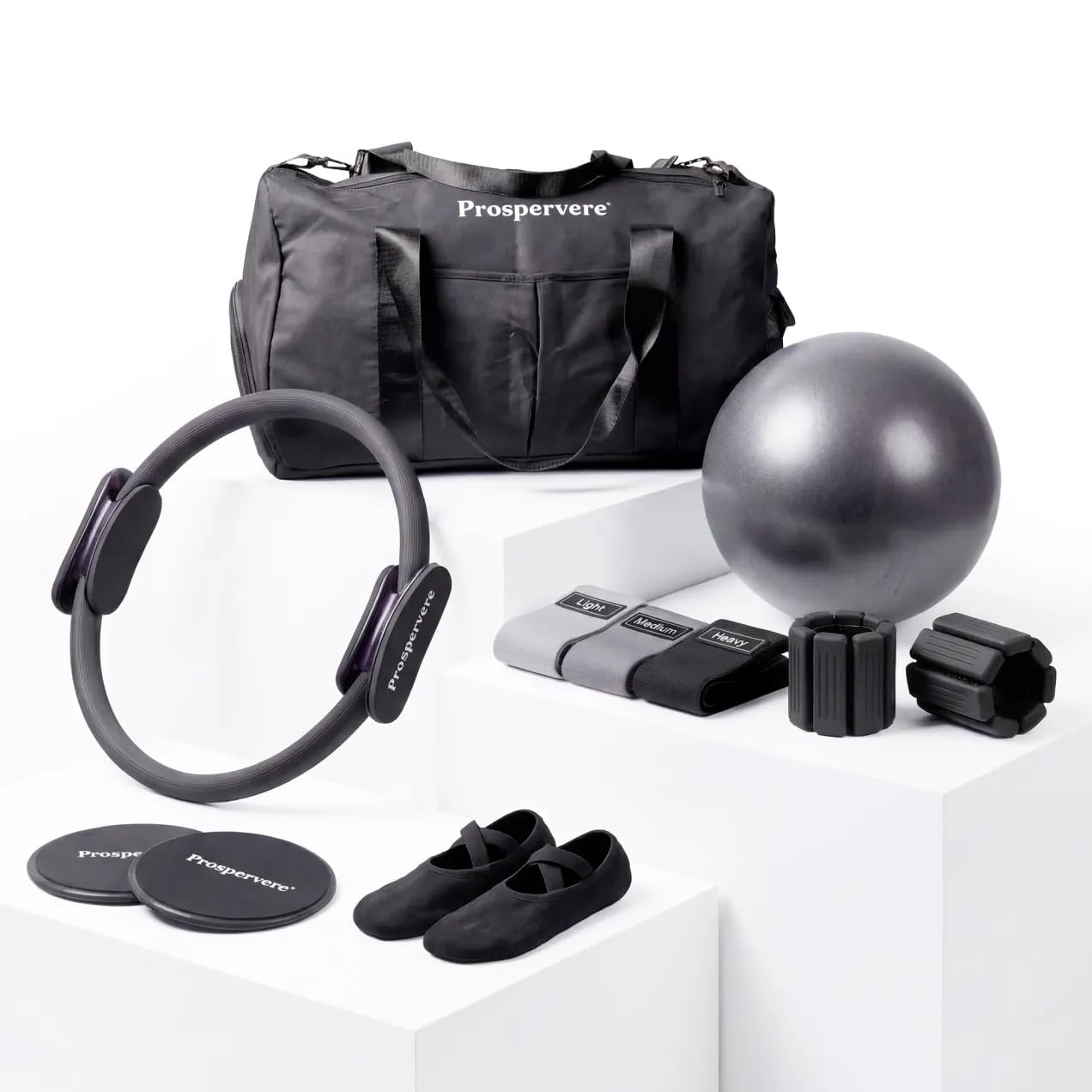 Prospervere Premium Pro Pilates Kit – 15 inch Pilates Ring and Ball Set w/ 1lb Ankle Weights, Fabric Resistance Bands, Sliders, Yoga Socks & Gym Bag – Midnight Power (Black)