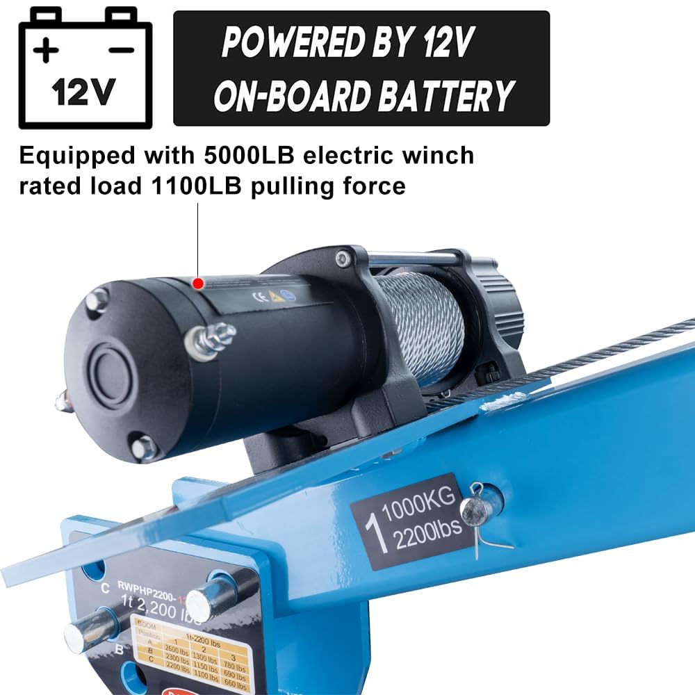 Pismire 1T/2200lb Folding Truck-Mounted Bed Crane - 5000lb 12V Electric Winch, 360° Swivel, Quick Removal Design, Painted Steel for Pickups，Blue