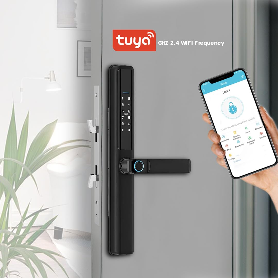 Smart Door Lock for Sliding Doors – 6-in-1 Keyless Entry with Fingerprint, Passcode, IC Card, Tuya App Control, Physical Key + Built-in Doorbell, Auto-Lock, Sleek Black Aluminum, Easy Installation
