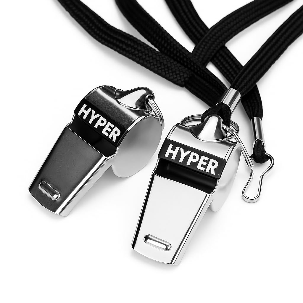 HyperSteel Stainless Steel Sports Whistles (2 Pack) with Lanyards - Super Loud - Durable - Clear Sound - Ideal for Coaching, Referee, Survival, Emergency, Dog Training, Boating, Hunting.