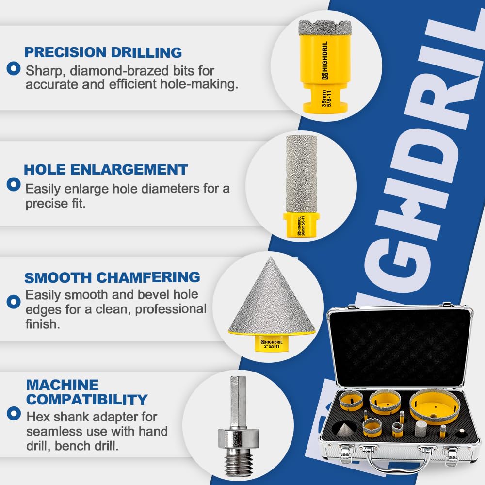 HIGHDRIL Diamond Drill Bits Kit with 5/8-11 and HIGHDRIL HSS Circular Saw Blade - 2PCS 3inch/75mm 72T 10mm Bore Cutting Discs