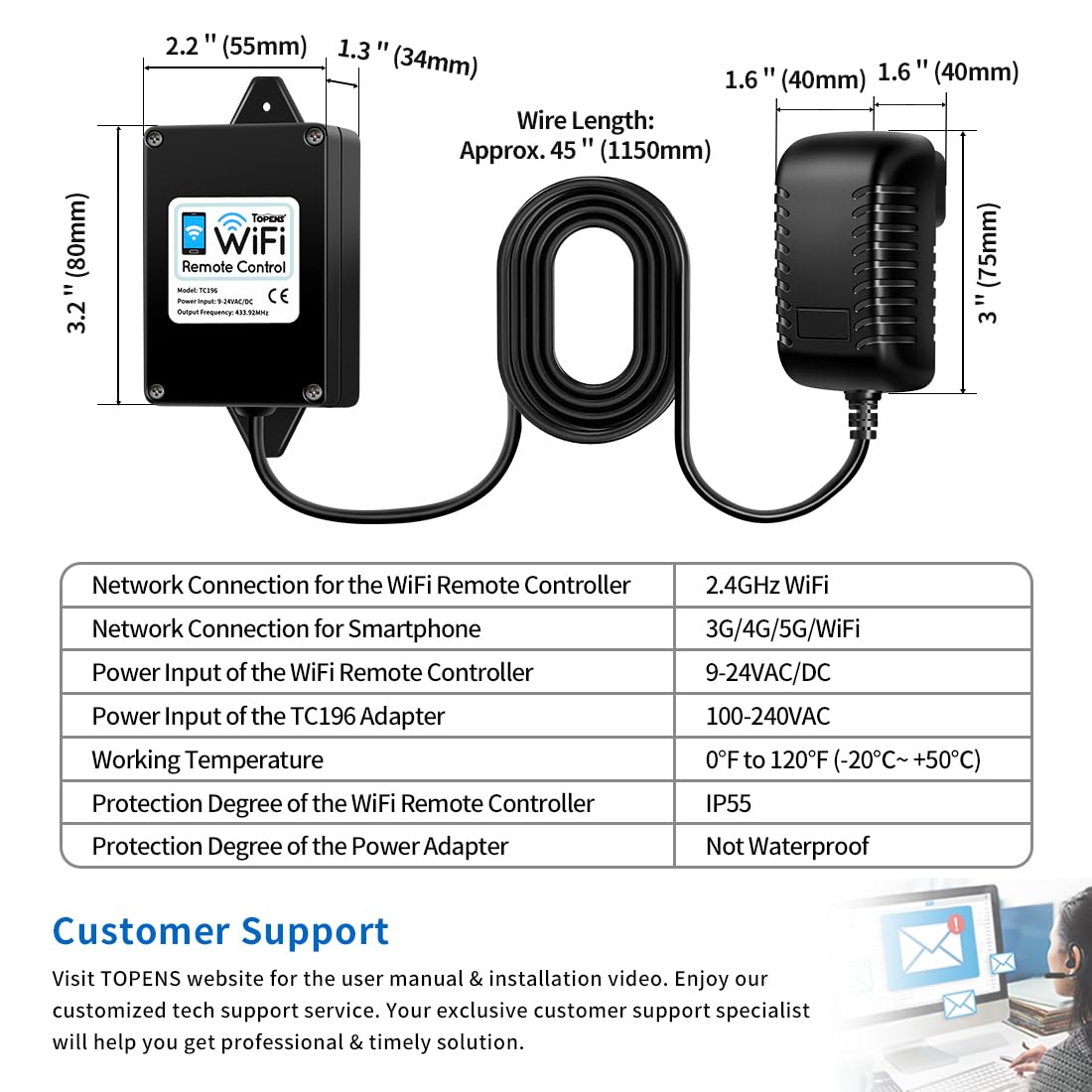 TOPENS TC196 Tuya WiFi Remote Control for Automatic Swing Sliding Gate Opener Garage Door Opener with iOS and Android App WiFi & Bluetooth Security Gate Controller