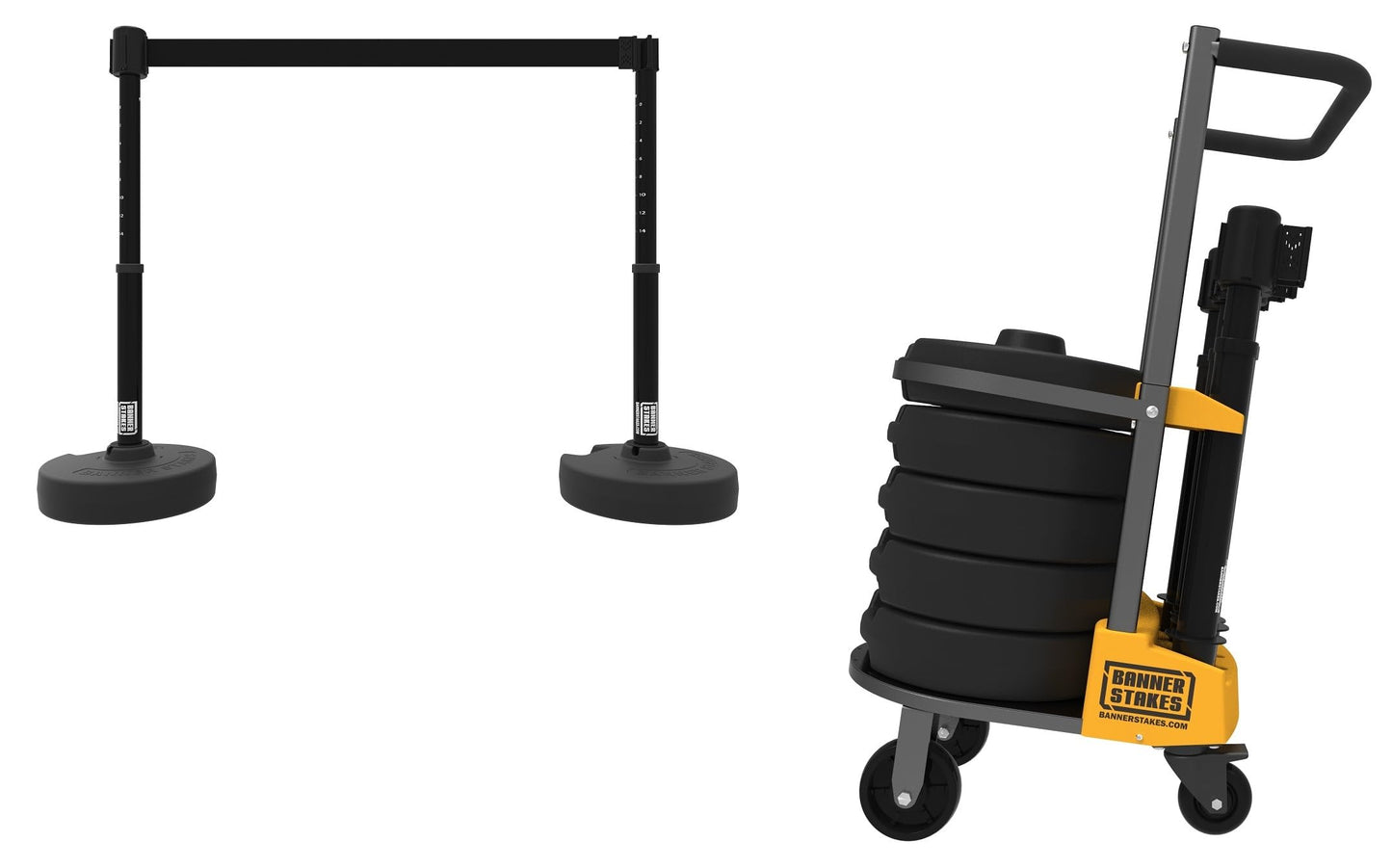 Banner Stakes Crowd Control Plus 15' Retractable Belt Barrier Stanchion Set X1 - Black Blank Banner, 22"-42" Plastic Adjustable Post, Fillable Base (PL4104)