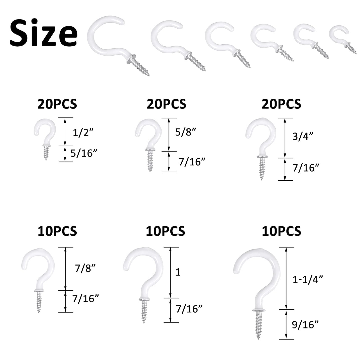 Romeda 90 Pcs White Ceiling Hooks kit, 6 Sizes Vinyl Coated Screw-in Plant, Kitchen, Cup, Ceiling Hooks for Hanging (1/2in, 5/8in,3/4in,7/8in,1'',1-1/4in)