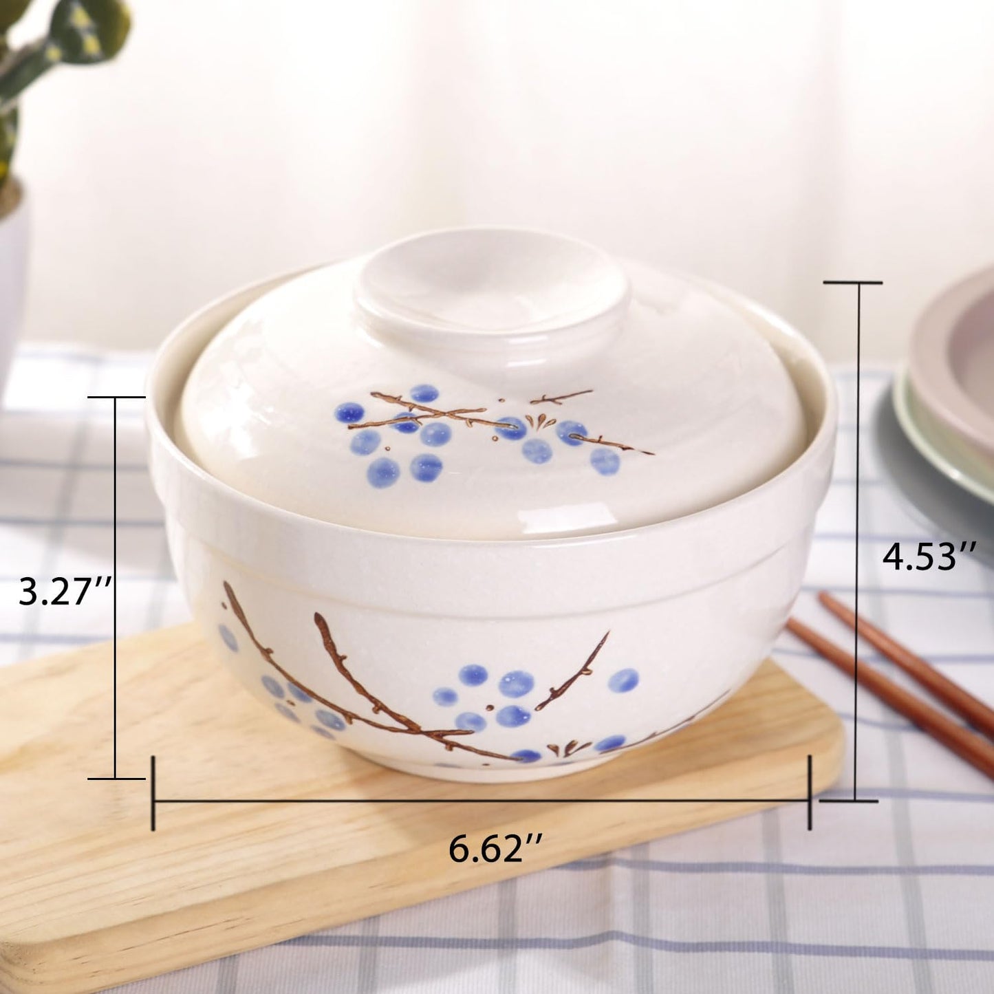 WHJY Japanese Creative Hand-painted Ceramic Tableware with Lid for Soup and Noodles, with Heat Preservation Function, Integrated Bowl and Lid - Blue Plum