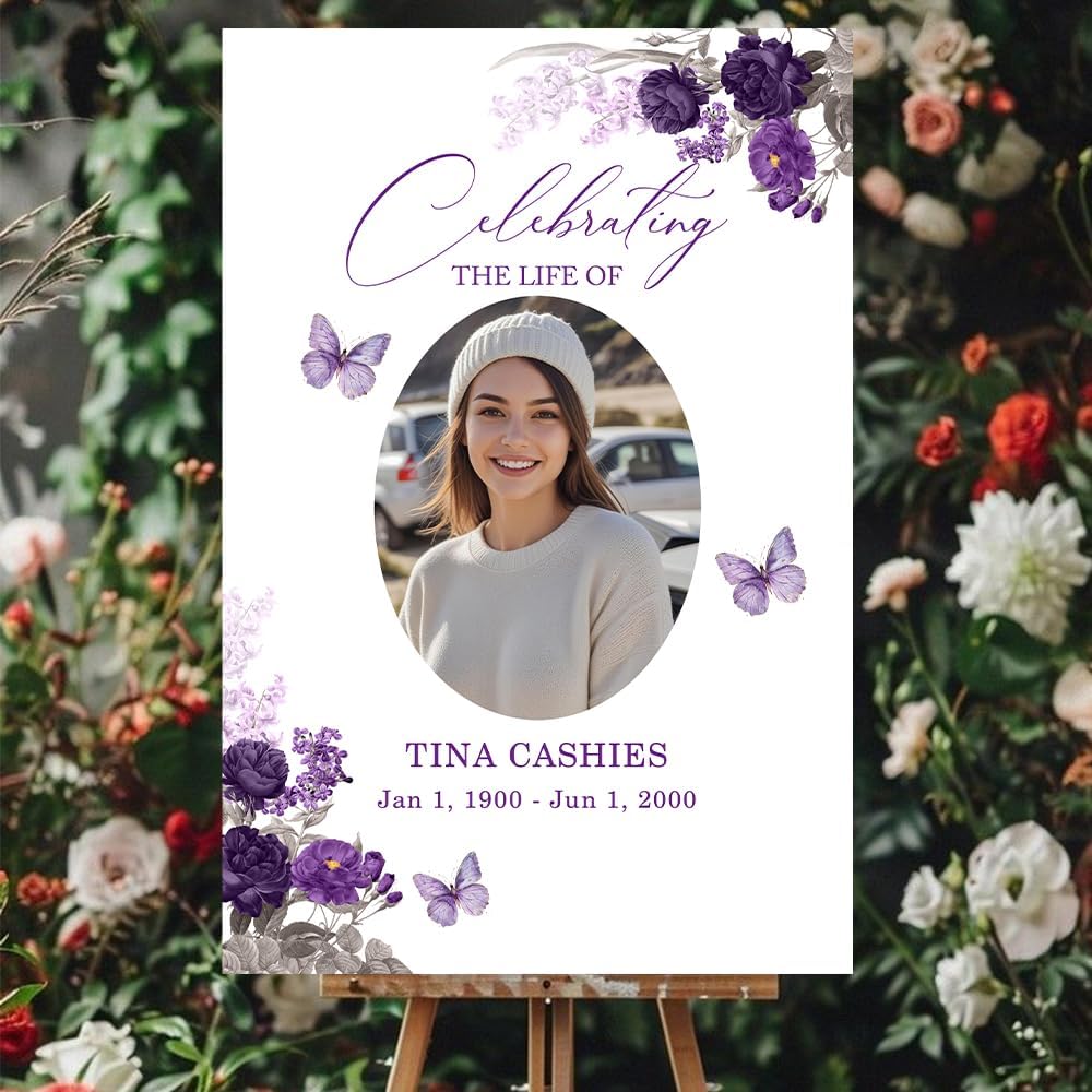 Regine Switzerland Personalized Funeral Welcome Signs - Custom Memorial Signs with Image | Purple Flower Butterfly Design