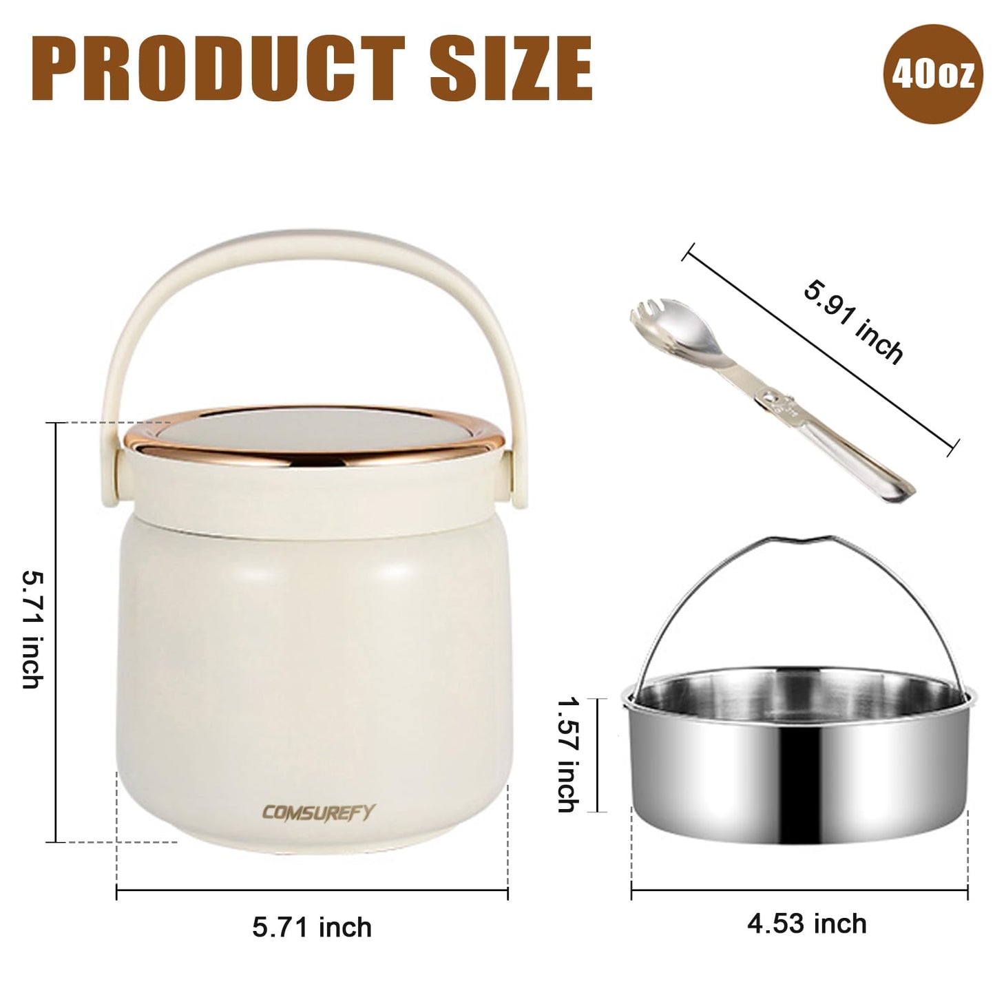 COMSUREFY 40oz/1.2L Thermo for Hot Food for Adults - 18/10 Stainless Steel Vacuum-Insulated Double-Wall, 100% Leak-Proof Wide Mouth, with Folding Spoon for Office/Travel/Outdoor