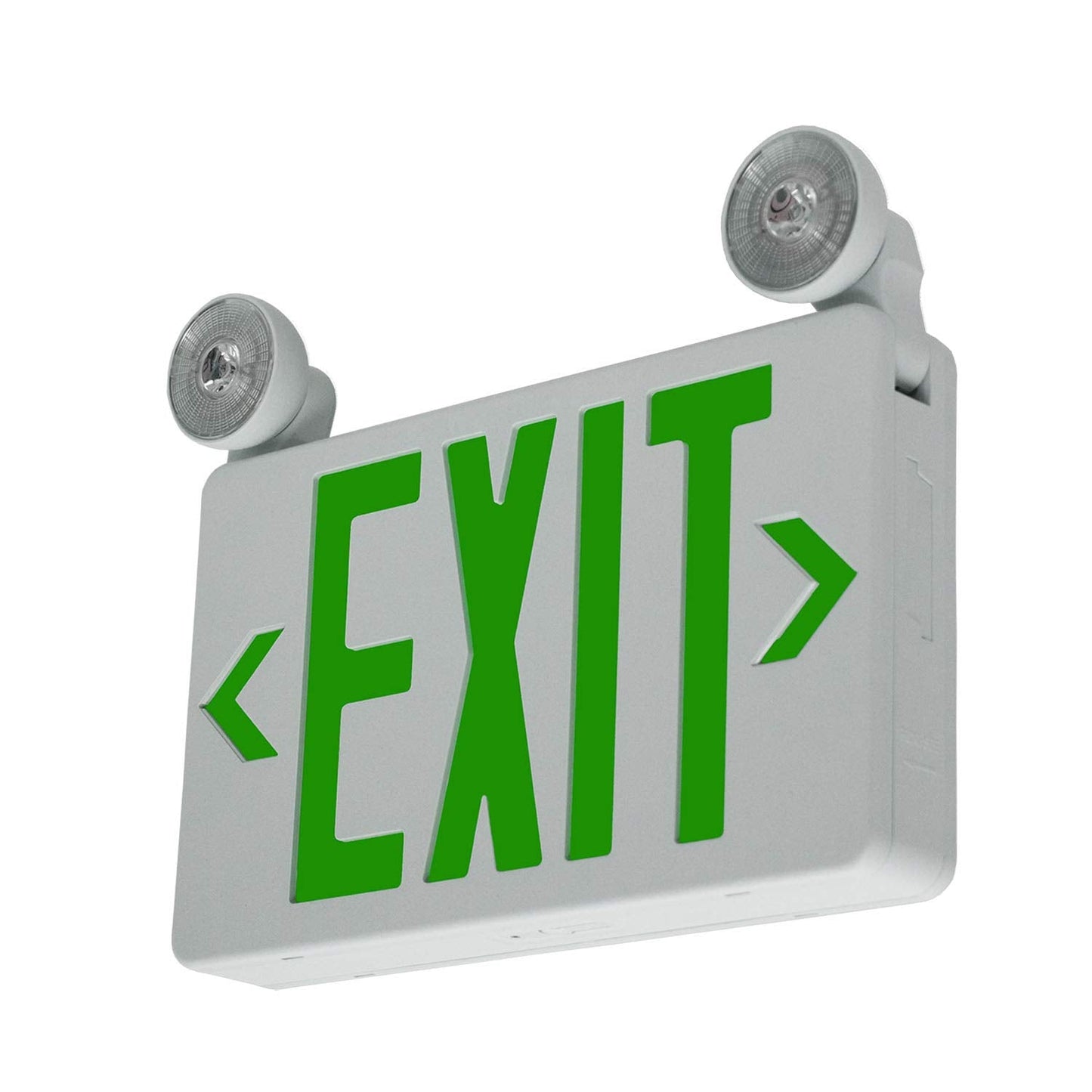 LFI Lights | Compact Combo Green LED Exit Sign w/Emergency Lights | White Housing | 2 Adjustable Heads | Hardwired w/Battery Backup | UL Listed | COMBOC-G-W-BB