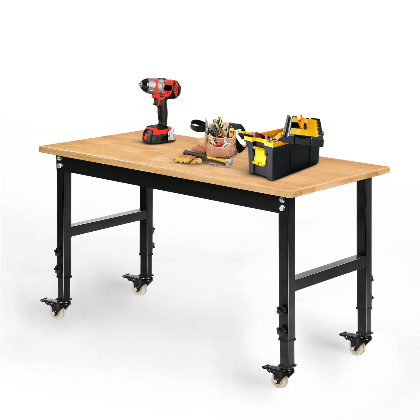Betterhood 48" Heavy-Duty Adjustable Workbench for Garage, Rubber Wood Shop Table W/Metal Wheels, Hardwood Workstation Weight Capacity Over 2000 Lbs with Wheels