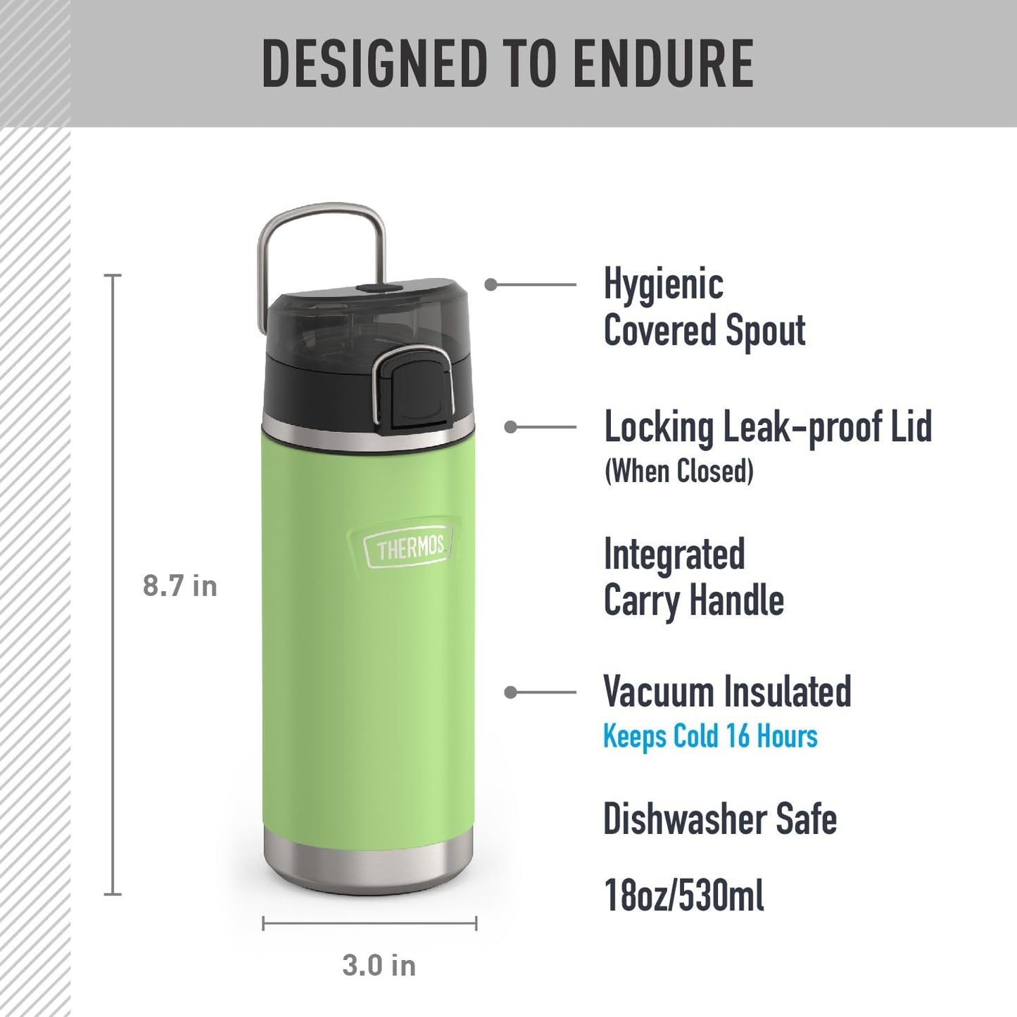 THERMOS Icon Series Water Bottle - 18 Ounce Stainless Steel, Lime - Vacuum Insulated with Spout