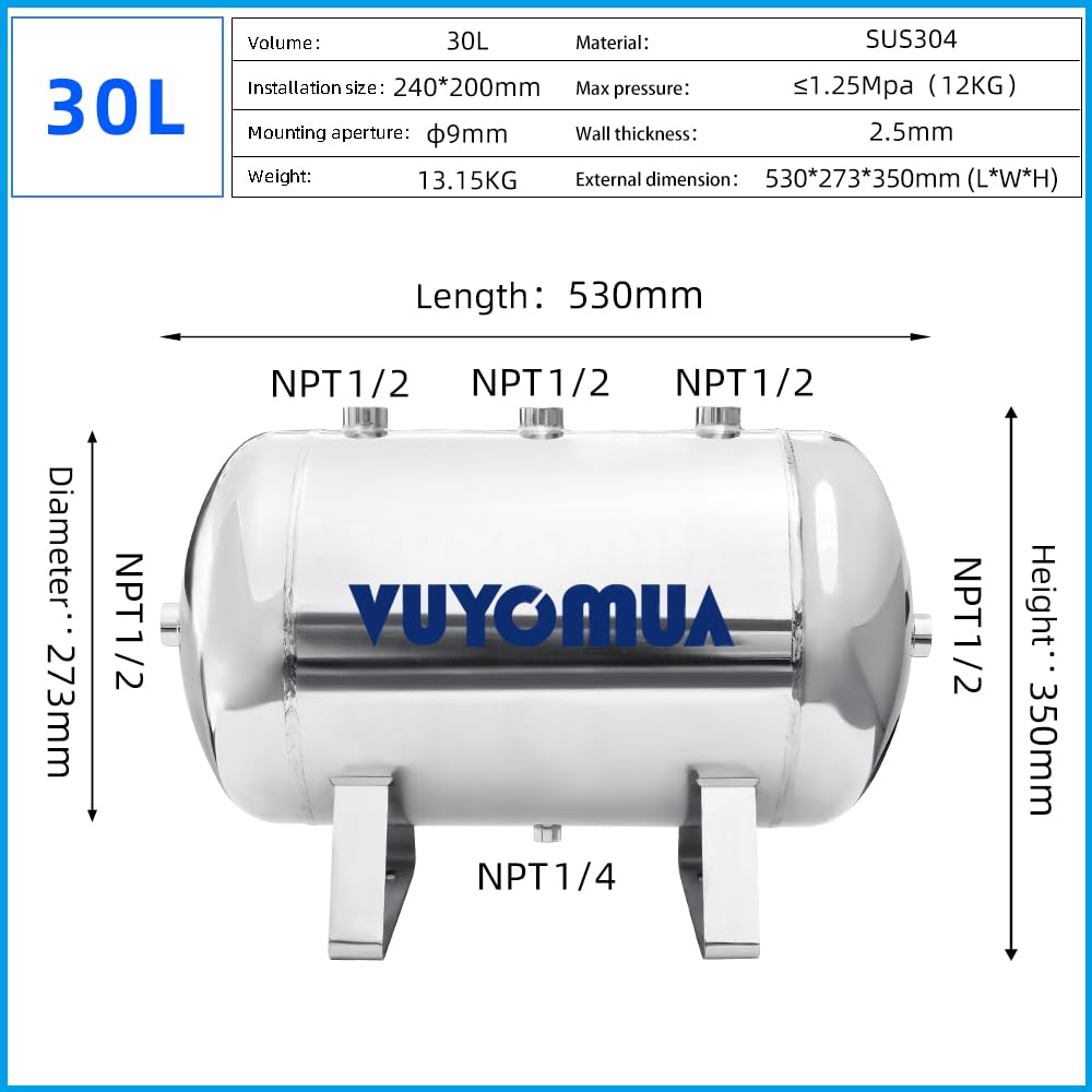 VUYOMUA 7.9Gallon 304 Stainless Steel High Pressure Mini Small Portable Air Tank Air Reservoir Water Storage Tank(30L-SG)