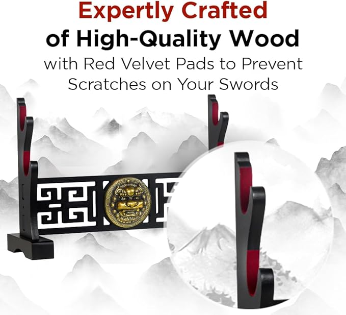 Logest Sword Stand - 4 Tier Options Available - Crafted Using Wood Katana Holder - Furnished in Black With a Gold Lion?™s Head - Desirable Sword Display Gift Option - Sword Holder Katana Stand (2-Tier)