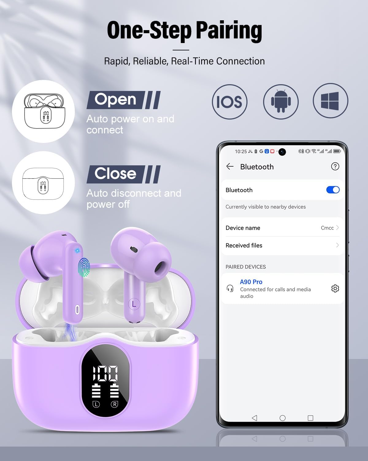 5.4 IP7 Wireless Earbuds, Bluetooth Headphones Bass Stereo, Ear Buds with Noise Cancelling Mic, LED Display in Ear