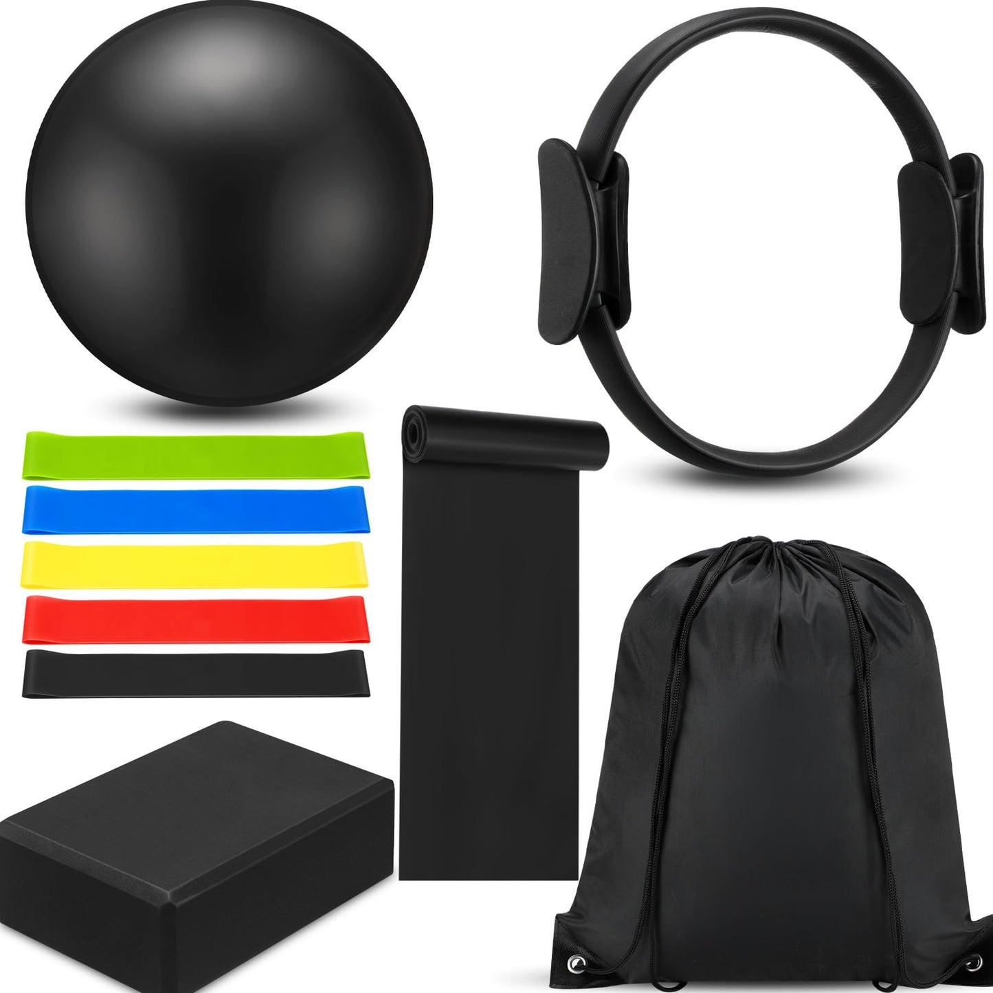 Silipull 10 Pcs Pilates Ring Blocks Set for Women Home Yoga Equipment Accessories Pilates Ring Circle and Ball Workouts Gift Include Ball Yoga Circle Resistance Bands Block Straps Gym Bag(Black)