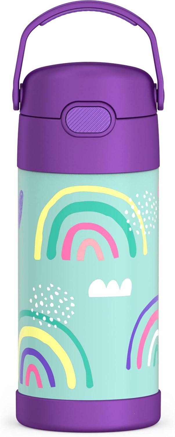 THERMOS FUNTAINER Water Bottle - 12 Ounce Kids Stainless Steel Vacuum Insulated with Straw | Colorful Rainbows