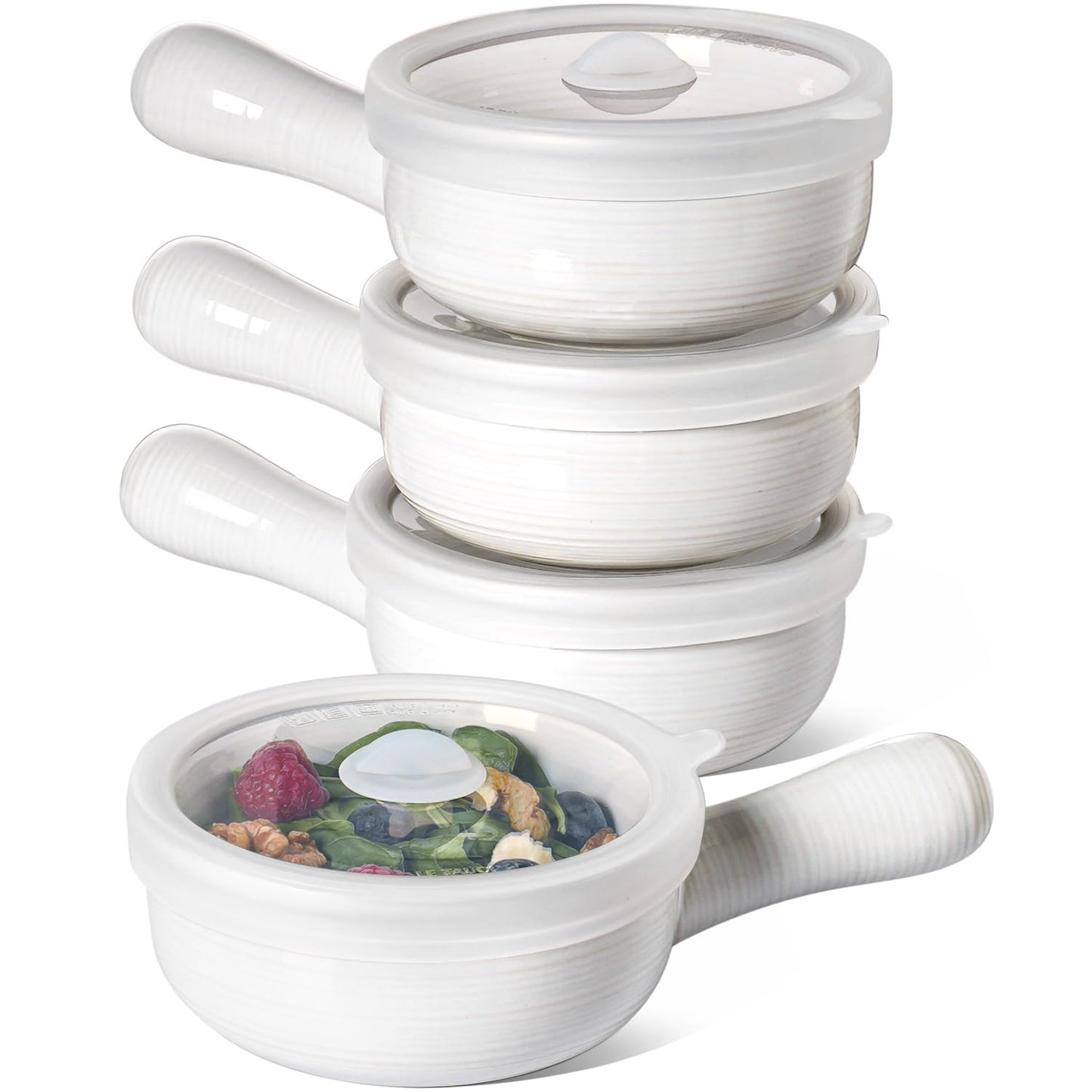 LE TAUCI Soup Bowls with Handles and Silicone Lids, 15 Oz French Onion Soup Bowls, Non-Toxic Ceramic Soup Crocks for Noodles, Stew, Cereal and Chilli, Oven Microwave Dishwasher Safe, Set of 4, White