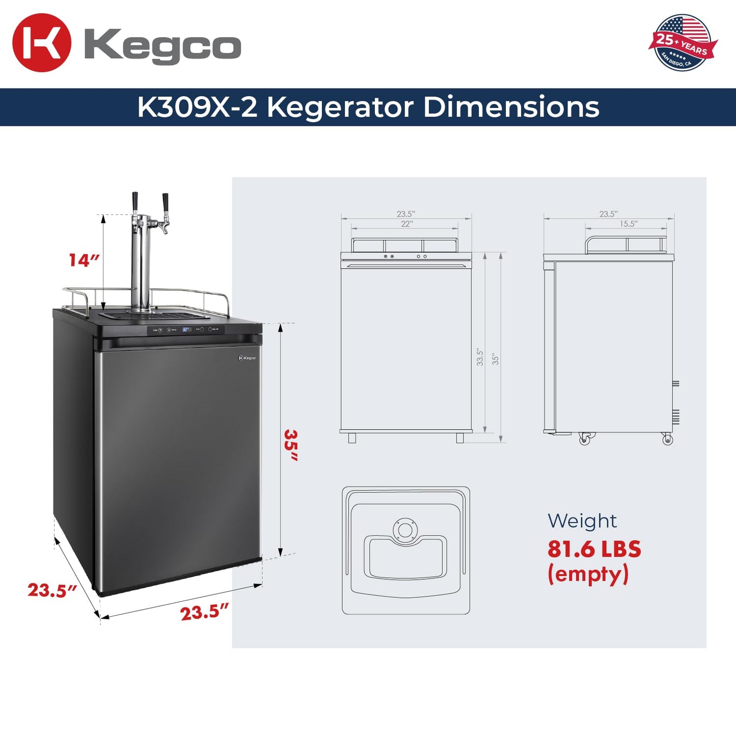 Kegco 3PK309X-2 24″ Dual-Tap Digital Homebrew Kegerator – Stainless Steel Draft Beer Refrigerator, Converts to Fridge