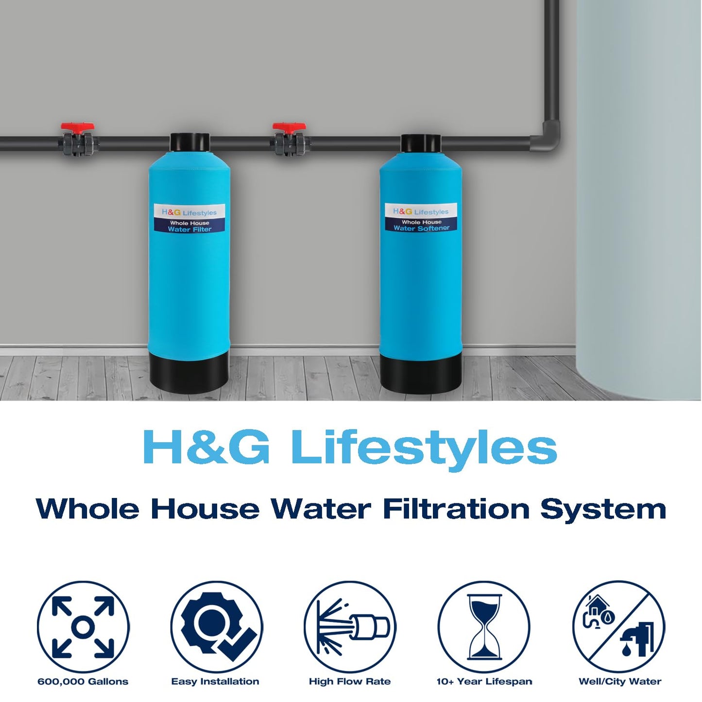 H&G Lifestyles Whole House Water Softener 32,000 Grains, NSF certified Whole Home Water Filtration System for Well & City Water, Remove Calcium Magnesium, Food Grade Resin, Silver-Enhanced, 700,000 Gl