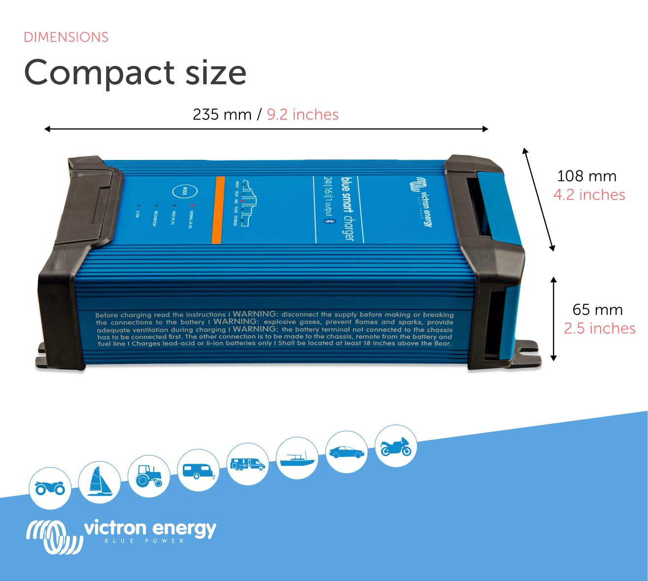 Victron Energy Blue Smart Car Battery Charger – IP22 – Float, Trickle Charger & Desulfator for Motorcycle, ATV, RV, Lithium & Deep Cycle Batteries - 24V 16A