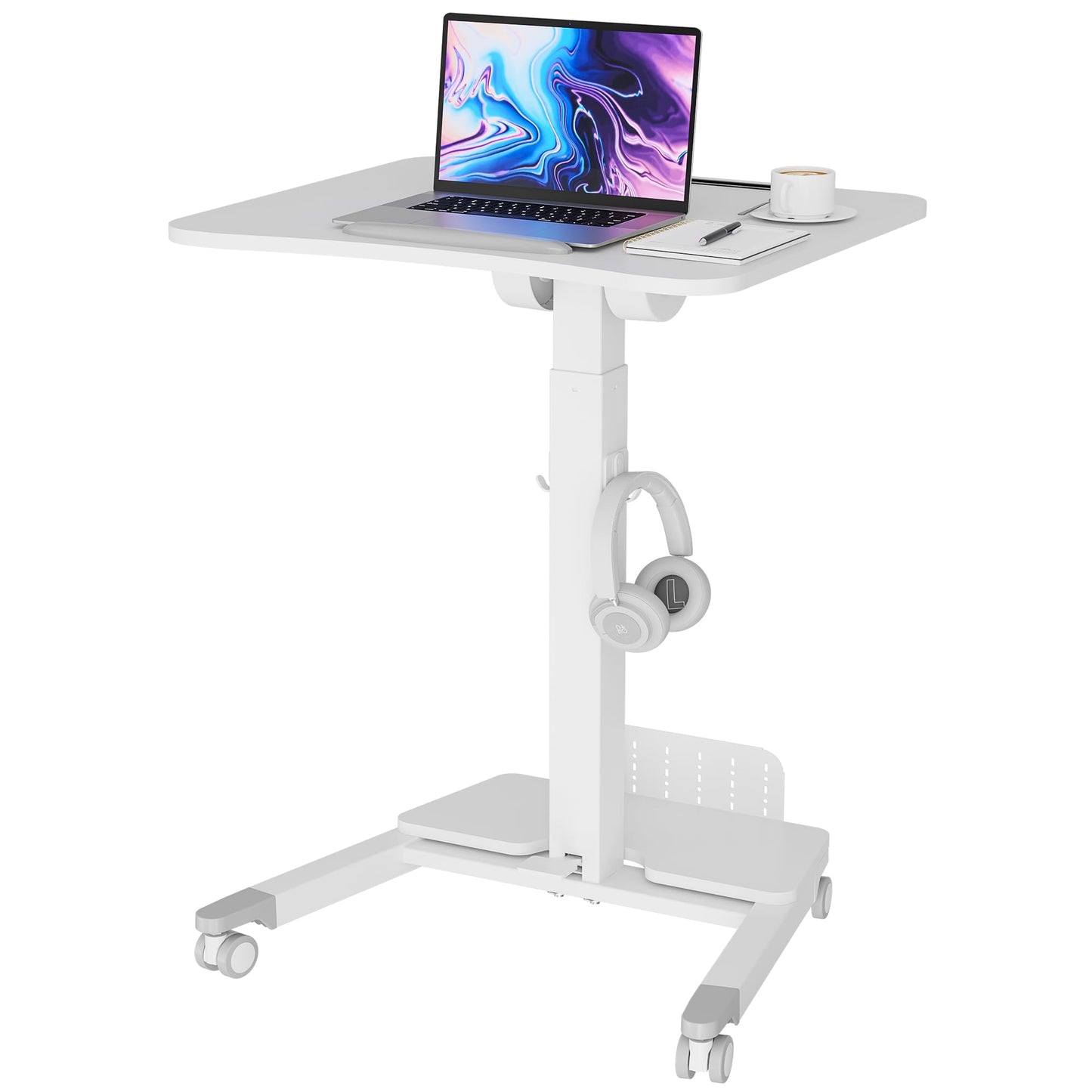 BONTEC Mobile Standing Desk Adjustable Height, Rolling Laptop Cart with Storage Shelf, Hooks, Portable Workstation with Pneumatic Lift, Ergonomic Compact Home Office Desk, White 23.6" x 20.5"