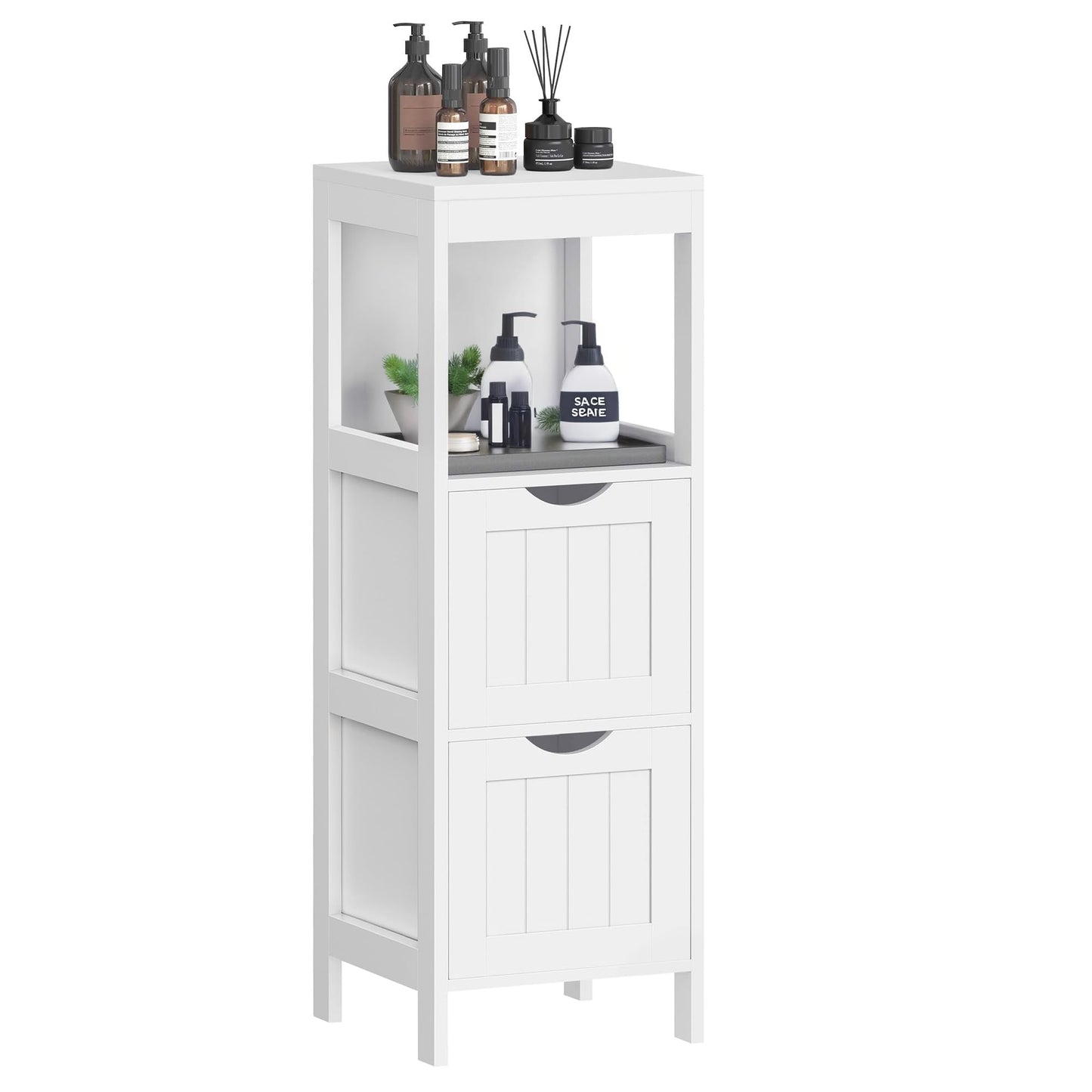 VASAGLE Storage Cabinet, Storage Organizer Rack Stand for Bathroom, Living Room, Multifunctional Corner Unit, 2 Drawers, 35 Inches in Height, White UBBC42WT