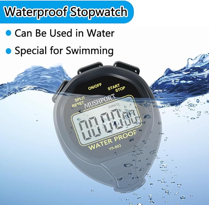 Waterproof Stopwatch Timer Only Stopwatch Mode, ON/Off Silent Simple Operation, Without Clock Date Countdown, Digital Swimming Stop Watch for Sports, Black