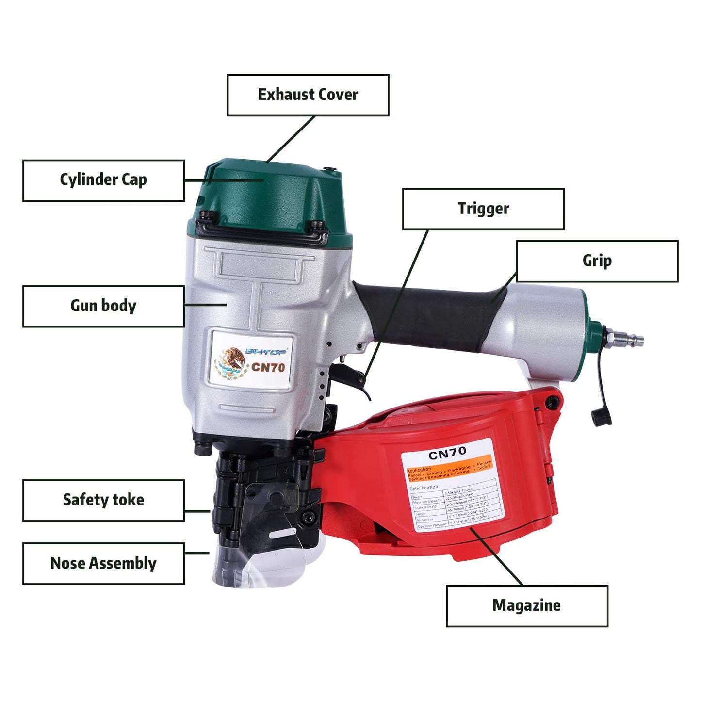 BHTOP Mexican Style CN70 Coil Siding Nail Gun, 15 Degree Pneumatic Siding Nailer, 1-3/4" to 2-3/4" Coil Siding Nailer for Siding Sheathing Wooding Fencing Decking