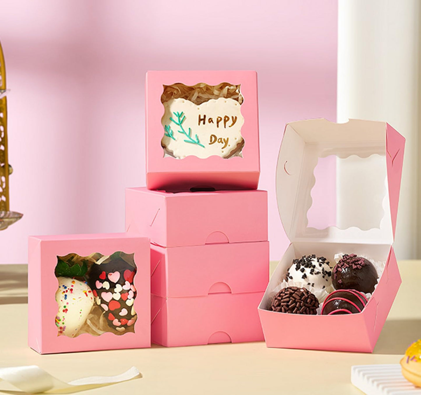 SLShePack 3.2x3.2x1.5 Inches 50PCS Mini Bakery Boxes with Window for Cookies, Soap, Chocolate Truffle, Donut, Macaron(Pink)