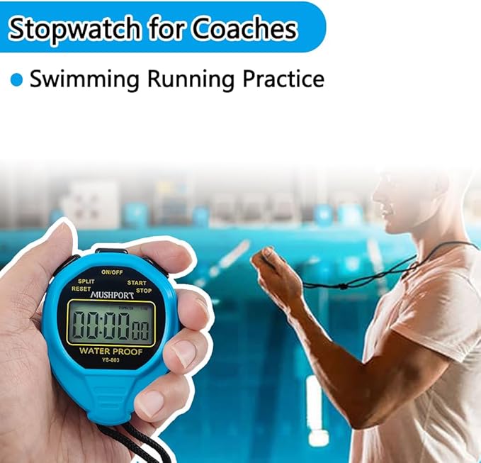 Waterproof Stopwatch Timer Only Stopwatch Mode, ON/Off Silent Simple Operation, Without Clock Date Countdown, Digital Stop Watch for Swimming Sports, Blue