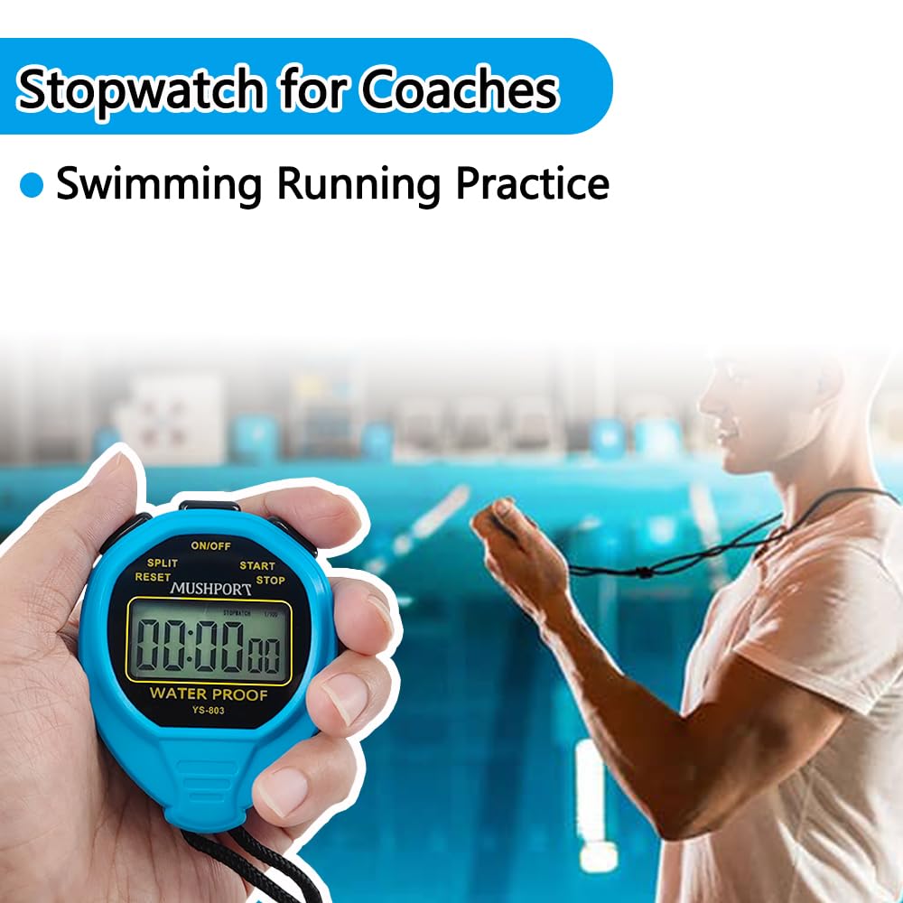MUSHPORT Waterproof Stopwatch Timer Only Stopwatch Mode, ON/Off Silent Large Display Simple Operation, Without Clock Date Countdown, Digital Stop Watch for Sports Coaches, Blue