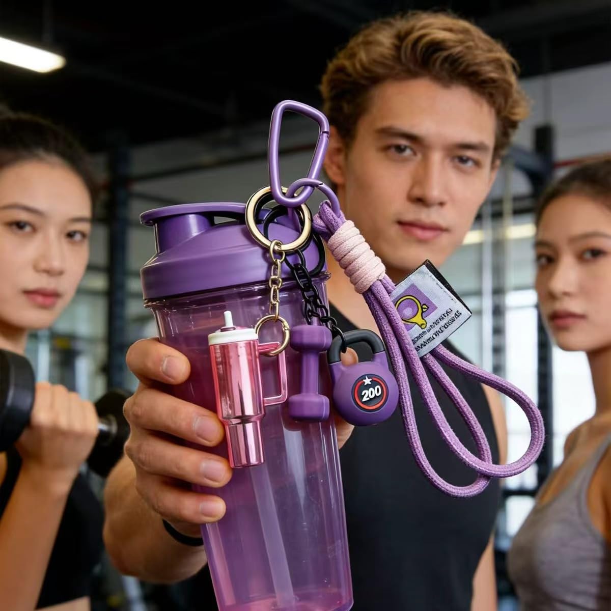 Pomelo Life Purple Fitness Wristlet Keychain - Dumbbell, Kettlebell and Tumbler Cup Charm, Sporty Bag Gift for Gym Lovers Women