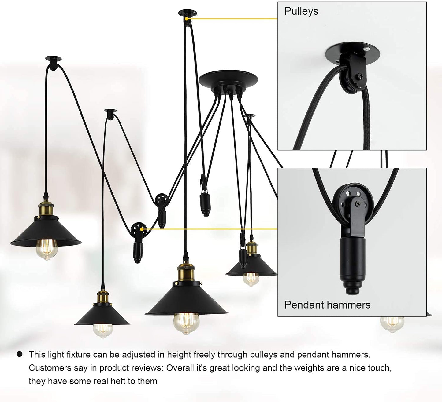 Pulley Pendant Light With 6 Lights, Adjustable DIY Industrial Vintage Rustic Chandelier Mount Ceiling Light Edison Rustic Chandelier,Hanging Pedant Lights Fixture for Dining Room,Warehouse,Farmhouse